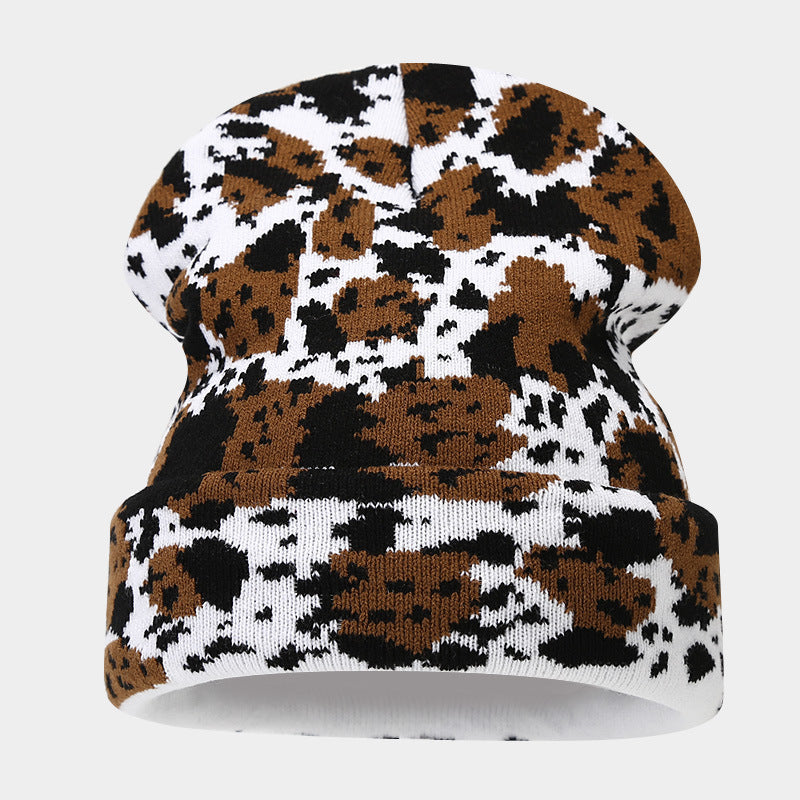 Wholesale Cow Pattern Leopard Jacquard Knitted Hat Thickened Warm Wool Hat